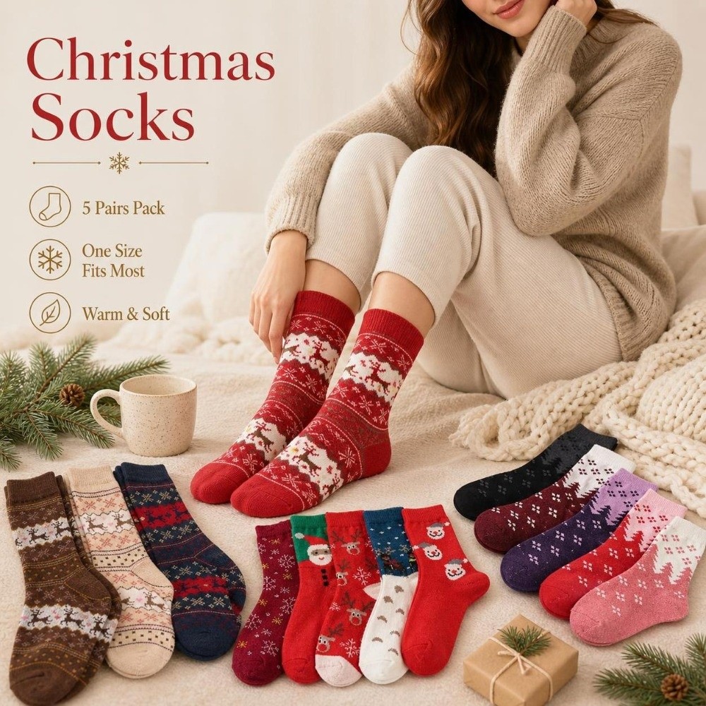 Thermal Sock Wool - 5 Paar Verdickte Weihnachts-Rentier-Socken, Weiche, Bequeme